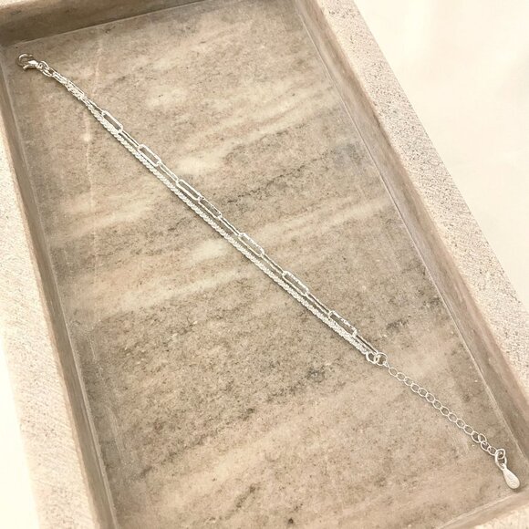 925 Sterling Silver Thin Multi Layer Bracelet Sequin Paperclip Link Bracelet - Picture 5 of 5